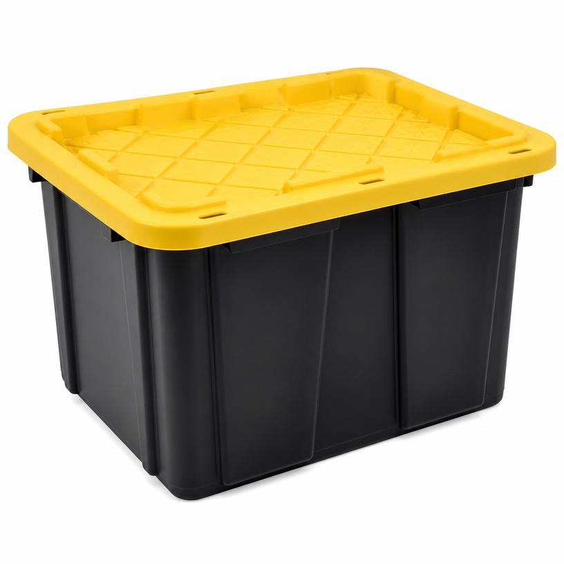 Black 27-gallon moving tote with yellow lid
